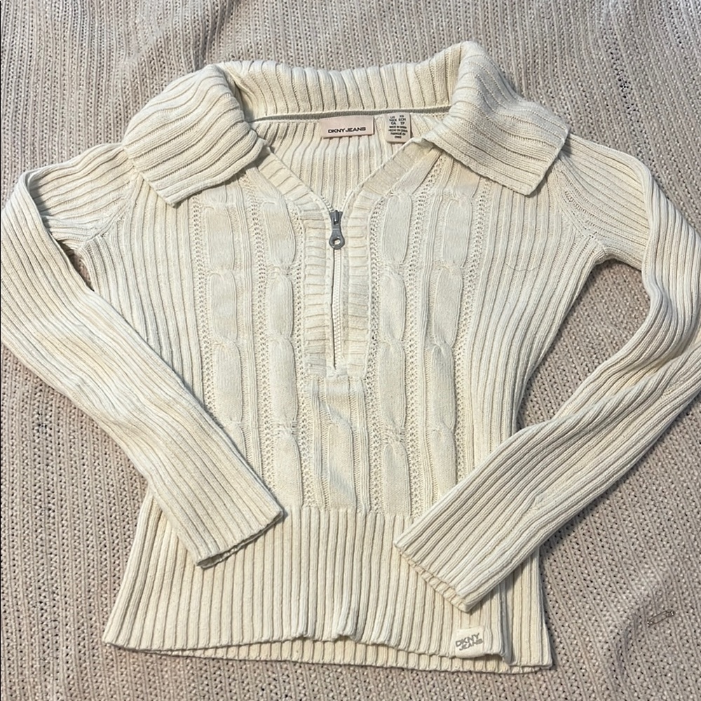 DKNY Cream V-Neck Ribbed Sweater